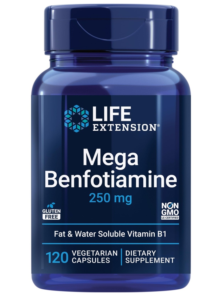 Supervivencia Mega Benfotiamina, 250 mg, una forma grasa-soluble de tiamina, metabolismo saludable, vitamina ultra biodisponible B1, alta potencia, libre de gluten, no GMO, vegetariano, 120 cápsulas