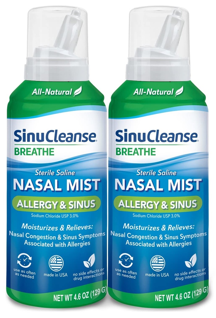 SinuCleanse Alergía " Sinus Sterile Nasal Spray, Ultra Fine Mist, Moisturizes " Relieves Severe Nasal Congestion Due to Allergies, 4.6 Oz (2 Pack), Made in USA