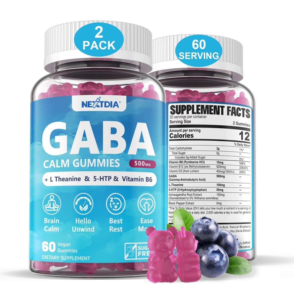 GABA Gummies 500 mg - Gummies de calma sin azúcar con L Theanine, 5-HTP, Vitaminas D3, B12, Ashwagandha, Melatonina-Free for Brain Calm, Mood, Zzz Better, Suplemento GABA para Adulto, Blueberry Flavor, Vegan