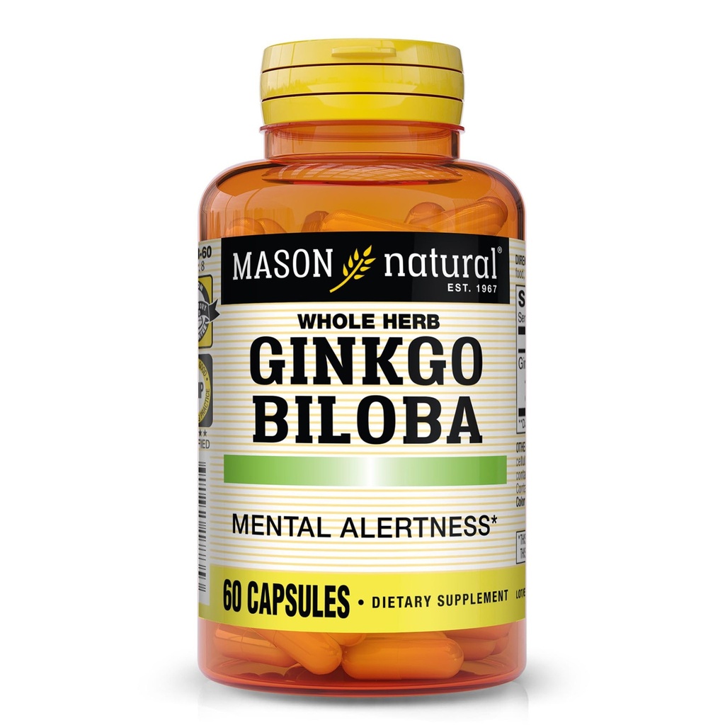 Mason Natural Ginkgo Biloba, 1 mes de suministro, ayuda a mejorar la alerta mental y la función cerebral óptima de apoyo, 60 cápsulas