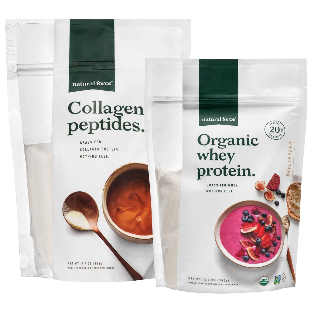 Natural Force Clean, Grass Fed Collagen Peptides + Unflavored Organic Whey Protein Bundle – Organic, Non GMO Whey Protein & Hydrolyzed Tipo I y III Collagen – 13.8 Bolsa de onza y 11.7 Bolsa de onzas
