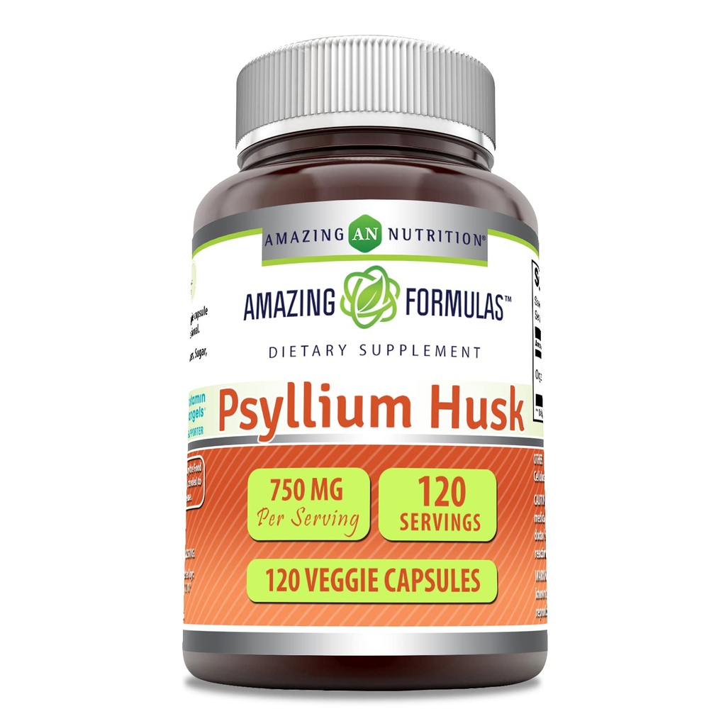 Fórmulas increíbles Psyllium Husk 750mg Veggie Capsules Suplemento ← Non-GMO Silencio Gluten Free ← Made in USA ← Adecuado para los vegetarianos (120 Conteo)