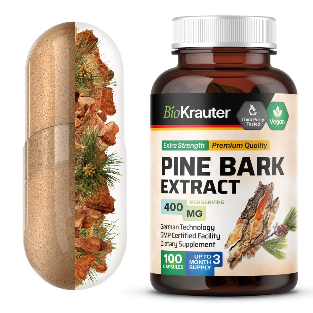 BIO KRAUTER Pine Bark Extract Capsules 400 mg - 100 Conde - Suplemento Antioxidante - 95% Proanthocyanidins - Suplemento de pino - Vegan, No Fillers