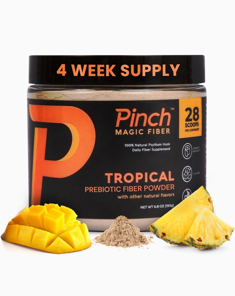 Pinch Magic Sugar Free Fiber Powder – Light Tropical Flavor Psyllium Husk con Bromelain &amp; Vitaminas C & D – Vegan, Gluten-Free, Clean Label, USA-Made, GMP-Certified – 28-Day Supply
