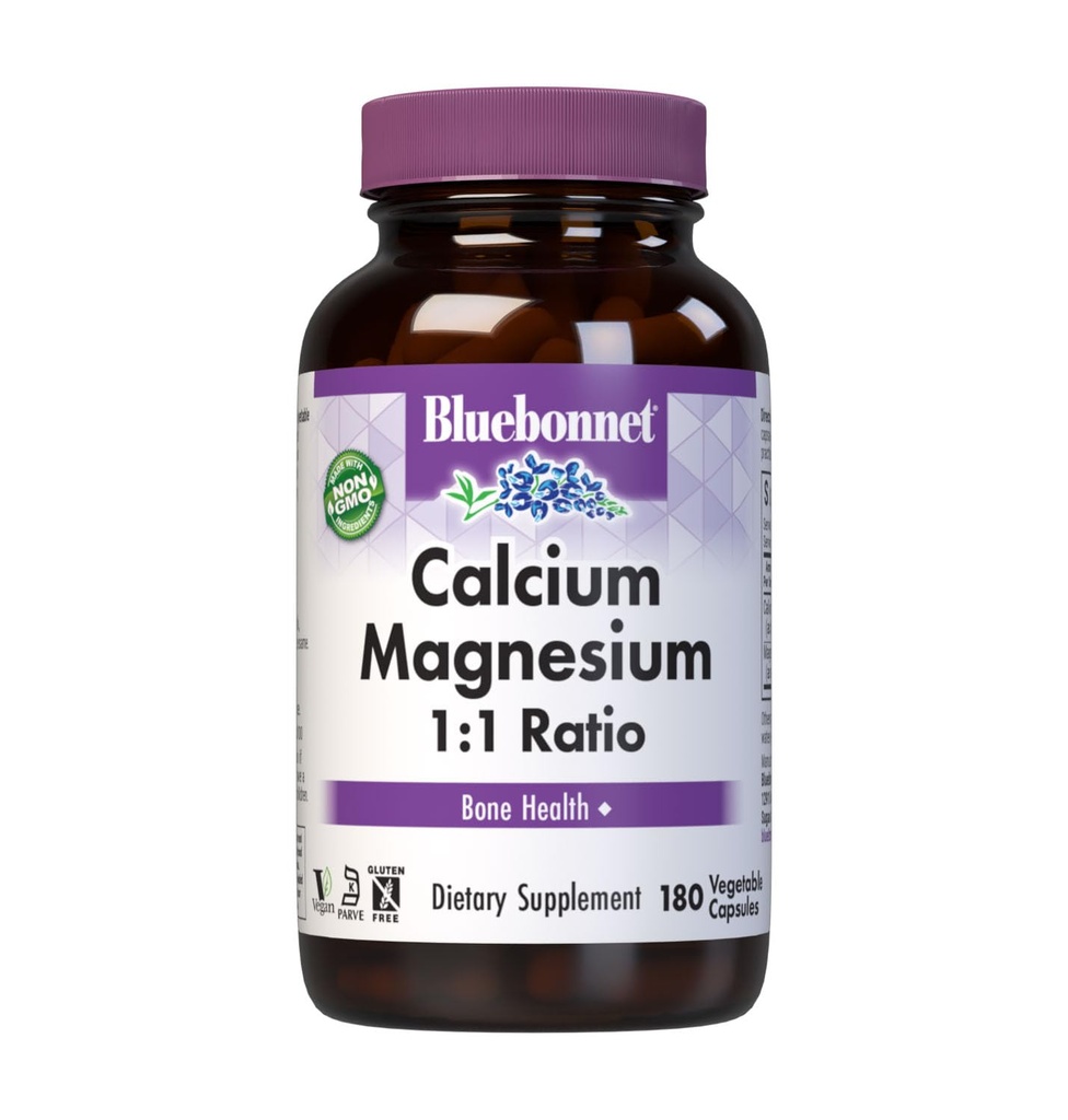 BlueBonnet Calcio Magnesio 1:1 Ratio Vegetarian Capsules, 180 Cuenta, Blanco