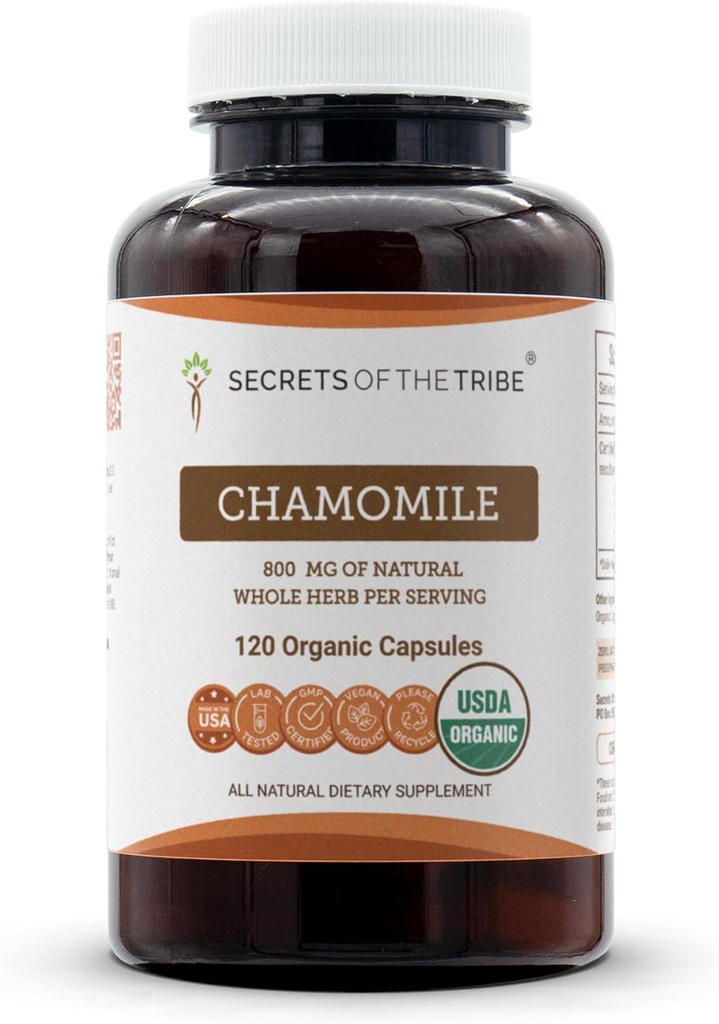 Secrets of the Tribe Chamomile USDA Organic 120 Capsules ← High-Potency Herbal Suplemento Silencio Hecho con capsules vegetarianos y manzanilla orgánica (Matricaria recutita) Flor seca (120 Conde)