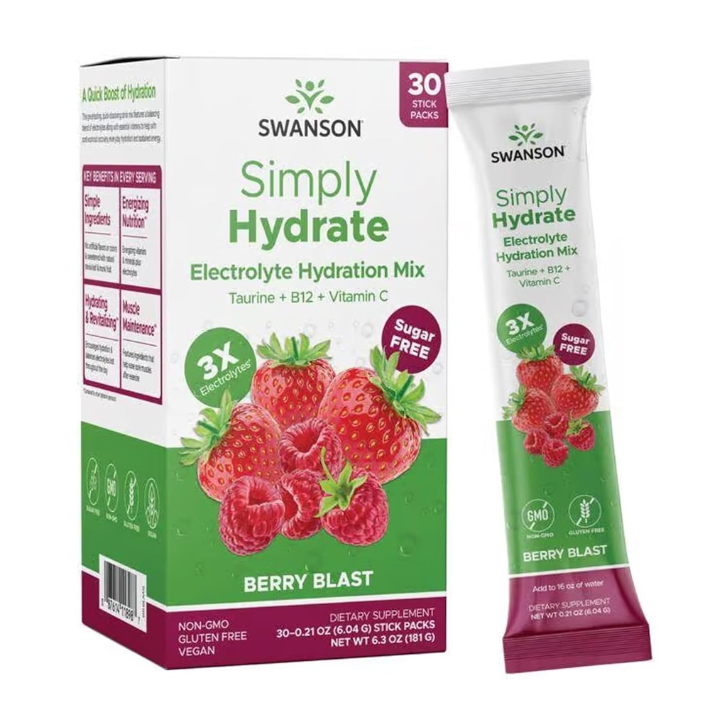 Swanson Simplemente Hydrate Electrolyte Powder Mix - Sugar-Free Drink Mix with 0 Calories - Conveniente On-The-Go Hydration Powder - Advanced Electrolyte Drink Mix - Berry Blast Flavor - 30 Packets