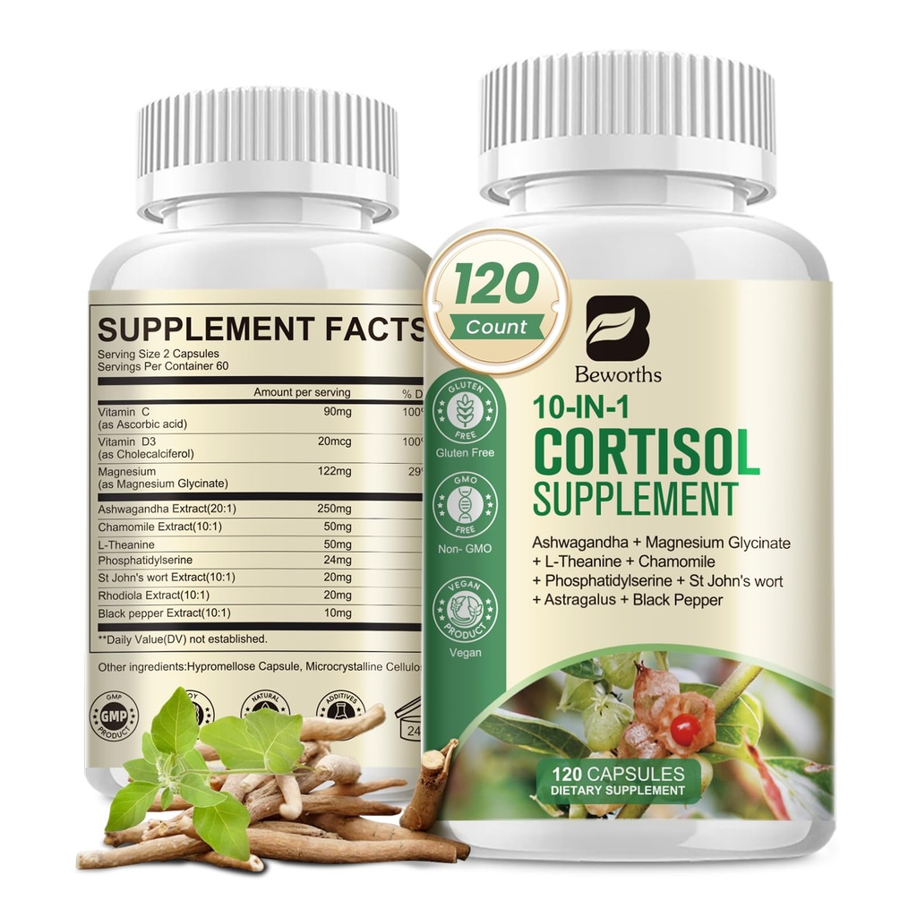 Suplementos de Cortisol para Mujeres Hombres, 10-in-1 Cortisol Detox con Ashwagandha, Magnesium, L-Theanine, Niveles de Cortisol Equilibrados, Apoyo Nocturno &amp; Calma, 120 cápsulas Vegan