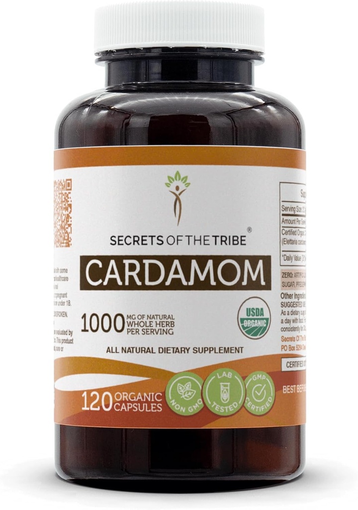 Secretos de la Tribu Cardamom USDA Organic Capsules  Certified Organic Vegetarian Capsules, Herbal Dietary Supplement ← Elettaria cardamomum Dried Pod (120 Cuenta)