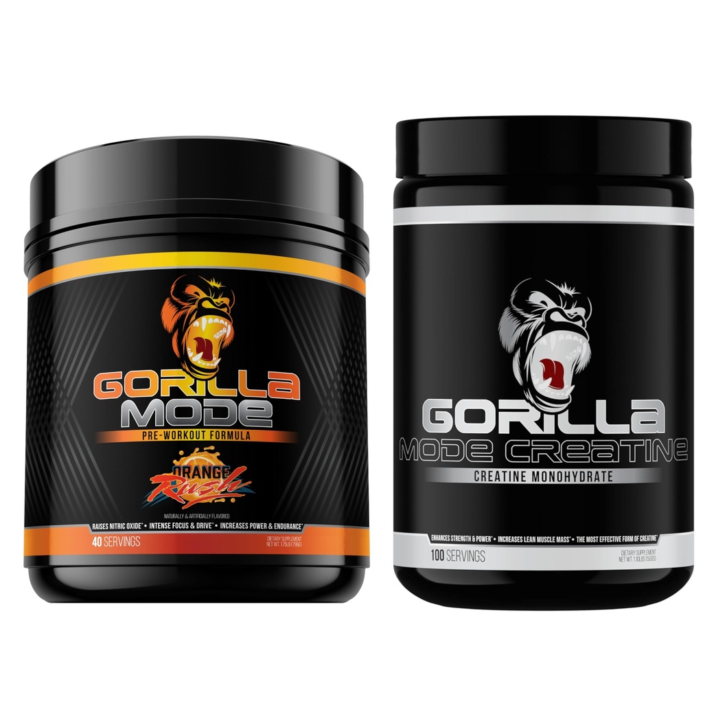 Gorilla Mind Pre Workout (Orange Rush) + Creatine (100 Serv.) - Estante completo para mejorar la fuerza, potencia de salida y tamaño del músculo