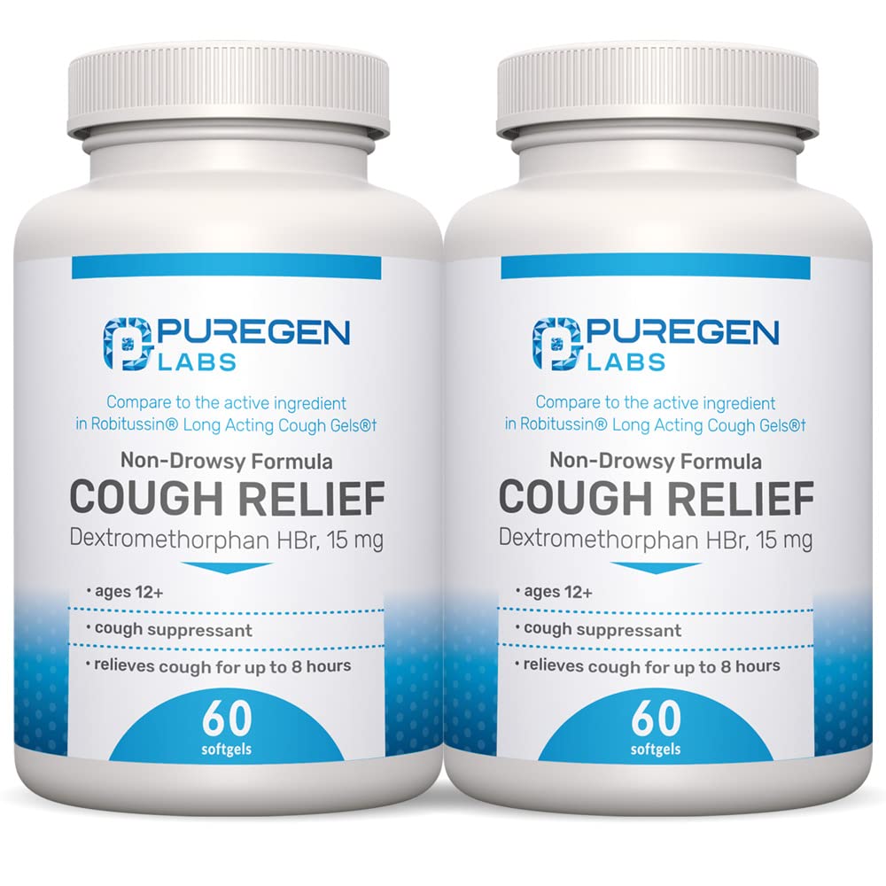 P Puregen Labs Cough Relief for Adults Dextromethorphan HBr 15mg (120 Softgels) 8-Hour, Non-Drowsy, Long-Lasting Bronchial Suppressant Ages 12+  Compare to Robafen and Robitussin 2Pack