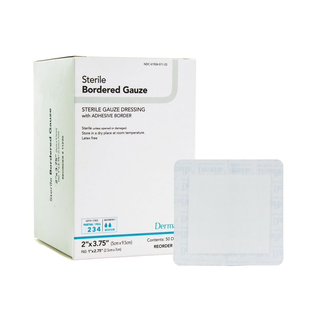 DermaRite Sterile Bordered Gauze Dressing with Adhesive Border - Flexible Non-Linting Material, First-Aid, Individually Packaged - 2 in. x 3-3/4 in., 1 Conde, 50 Packs, 50 Total