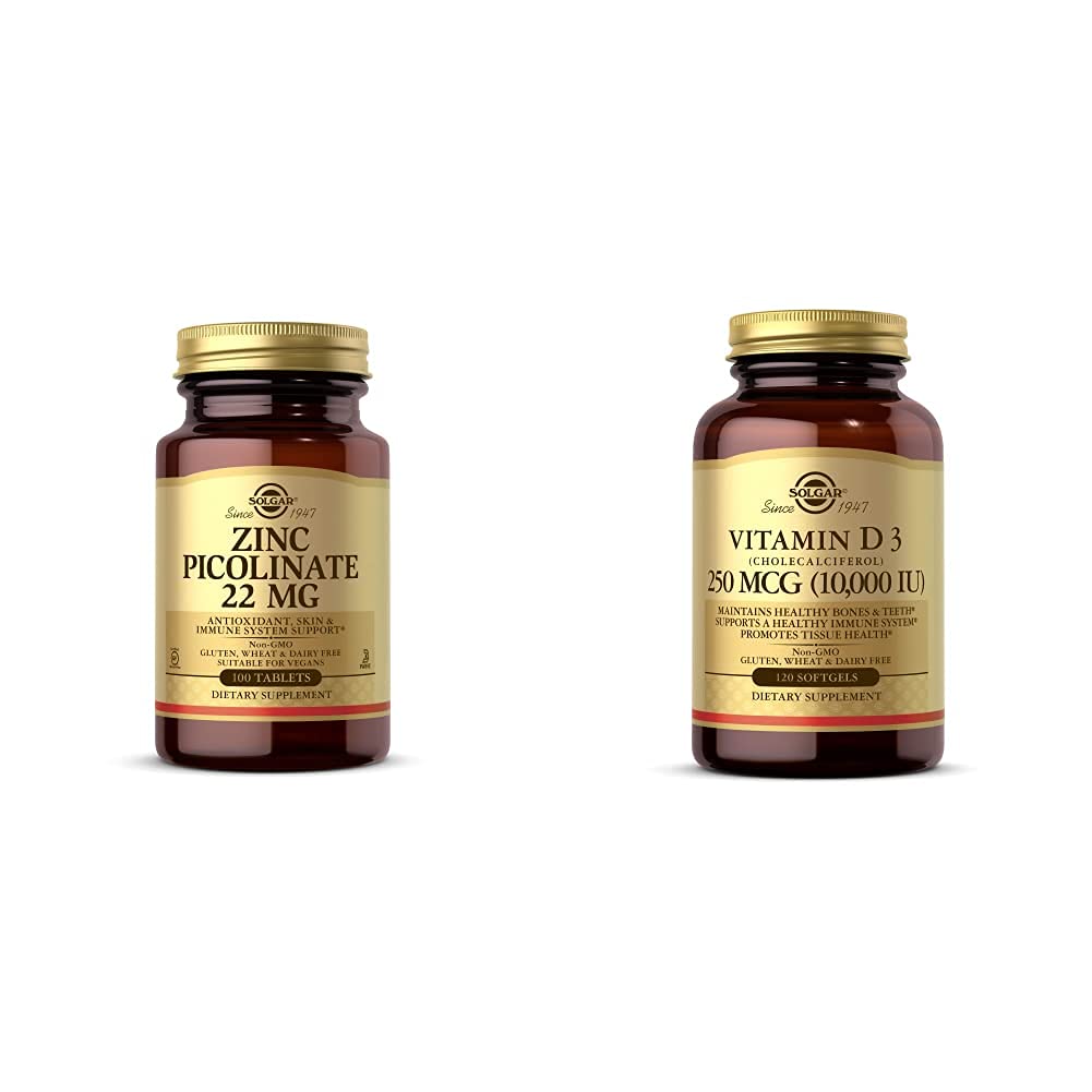 Solgar Zinc Picolinate 22 mg, 100 Tablets - Promueve la piel sana - Soporta el sistema inmunológico, T normal con vitamina D3 (Cholecalciferol) 250 MCG (10,000 UI), 120 Softgels - Ayuda a mantener los huesos saludables