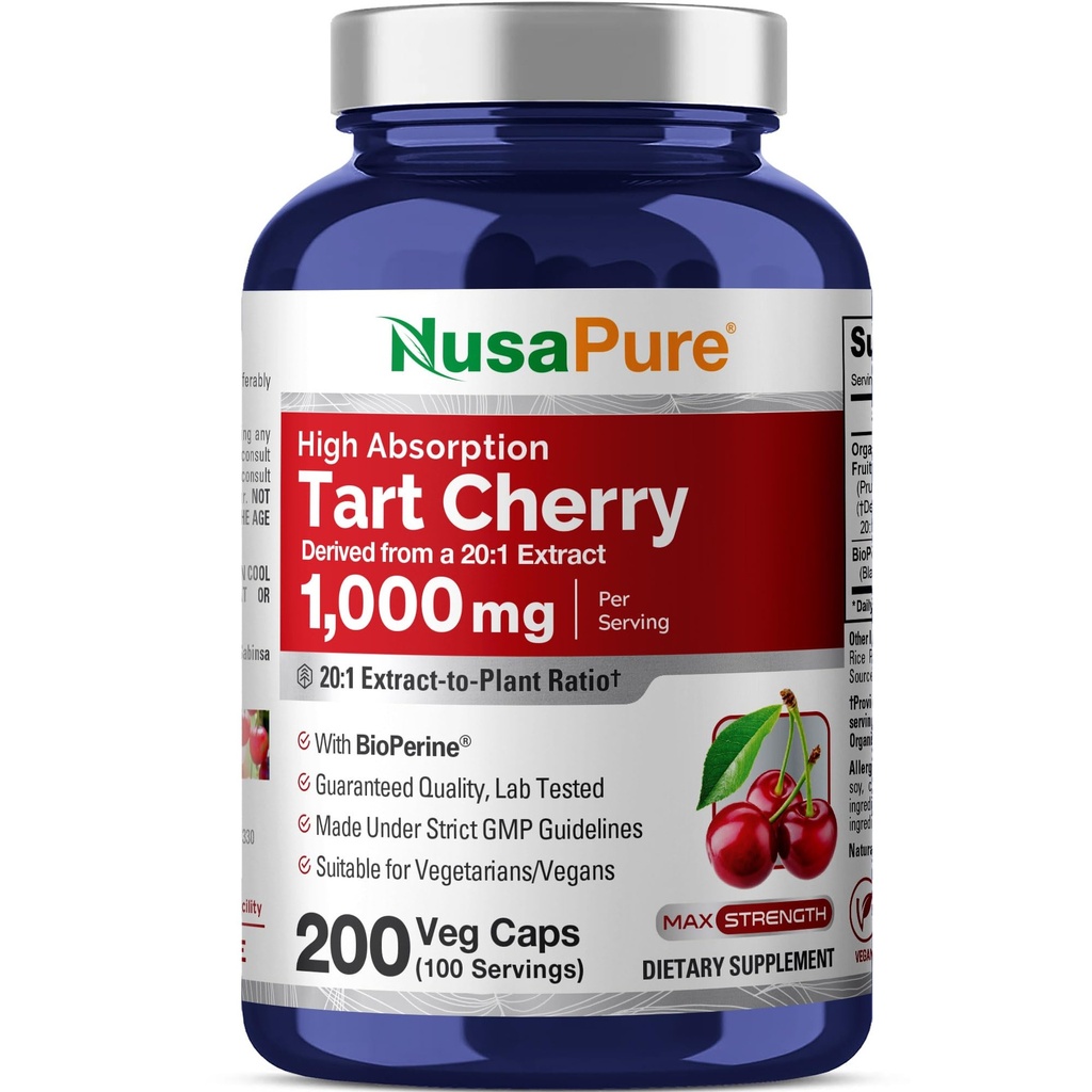 NusaPure Cereza de Tarta Orgánica 20:1 Extracto, 1000 mg Equivalente a 20,000 mg 200 Cápsulas Veggie (Vegan, no GMO) Bioperina