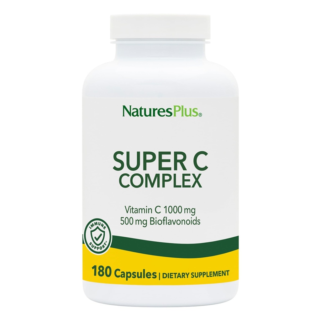 NaturesPlus Super C Complex - 180 Capsules - 1000mg Vitamina C + 500mg Bioflavonoids - Vegan, Gluten Gratis - 90 Servings