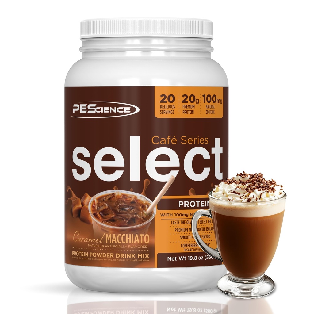 PEScience Select Cafe Protein Coffee Flavored Powder, Caramel Macchiato, 100 mg de cafeína, 20g Iced Protein Coffee Powder o Creamer, 20 Servings
