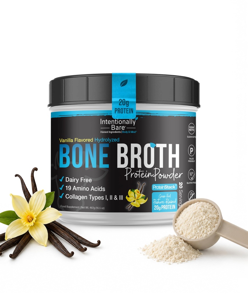 Intencionally Bare Bone Broth Protein Powder Vanilla - Grass Fed Protein Powder with Multi Collagen Peptides Tipo 1 2 y 3 - Dairy Free Bone Broth Powder for Skin, Gut and Joint - 20 Servings