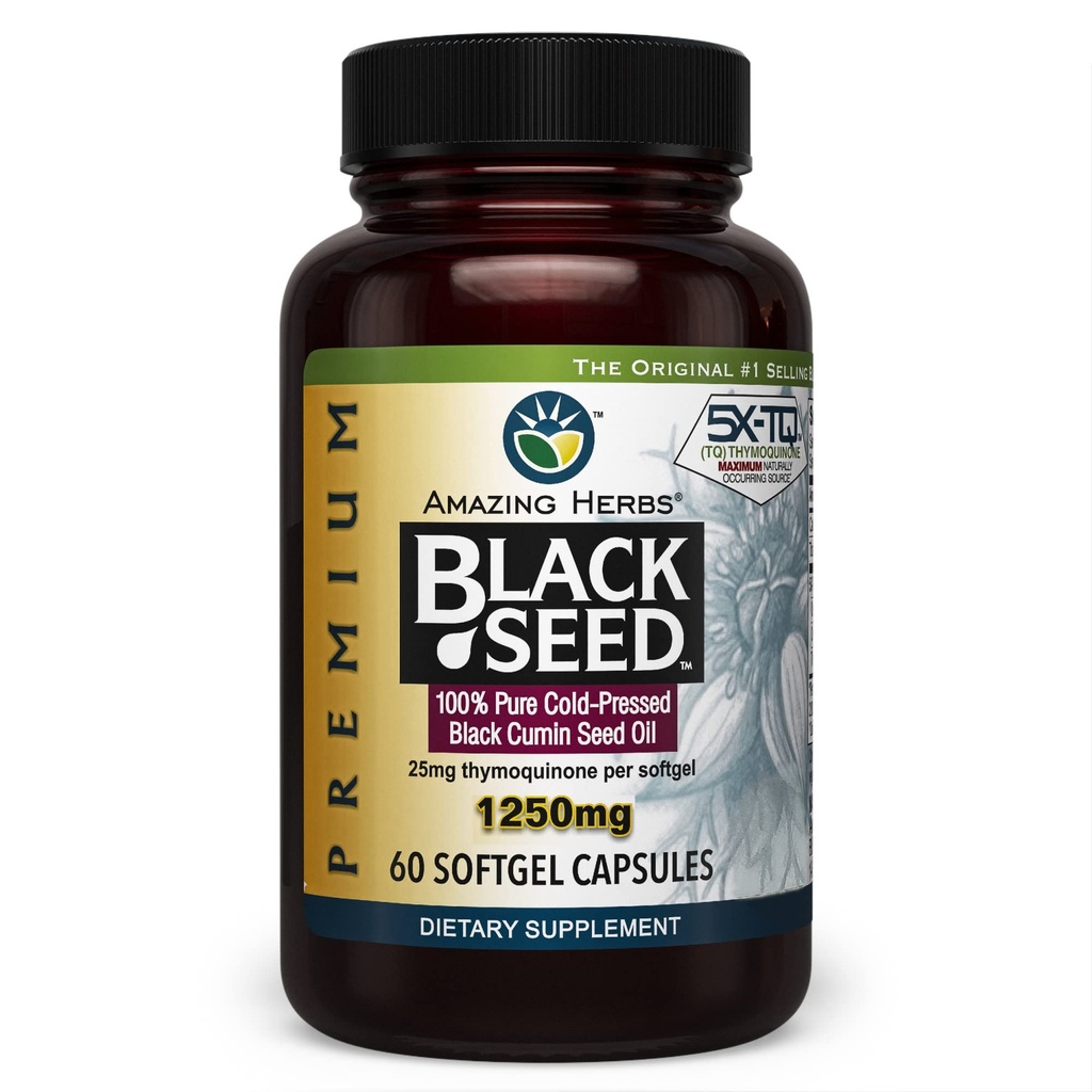 Increíble Herbs Premium Black Seed Oil Capsules - High Potency, Cold Presionado Nigella Sativa Ayudas en Salud Digestiva, Apoyo Inmune &amp; Función cerebral - 60 Conde, 1250mg