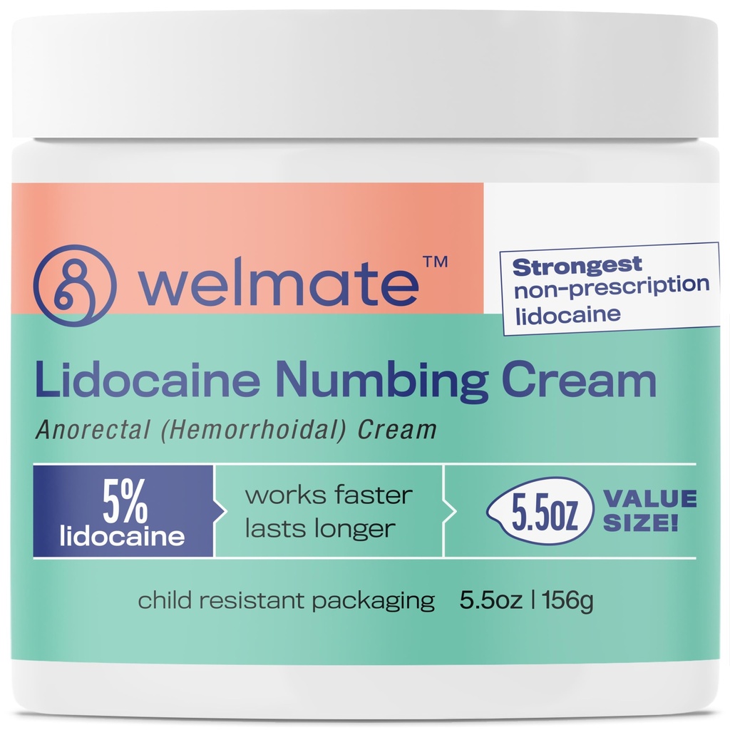 WELMATE 5% Lidocaine Hemorrhoid Relief Cream, Maximum Strength Anorectal Cream, 5,5 oz