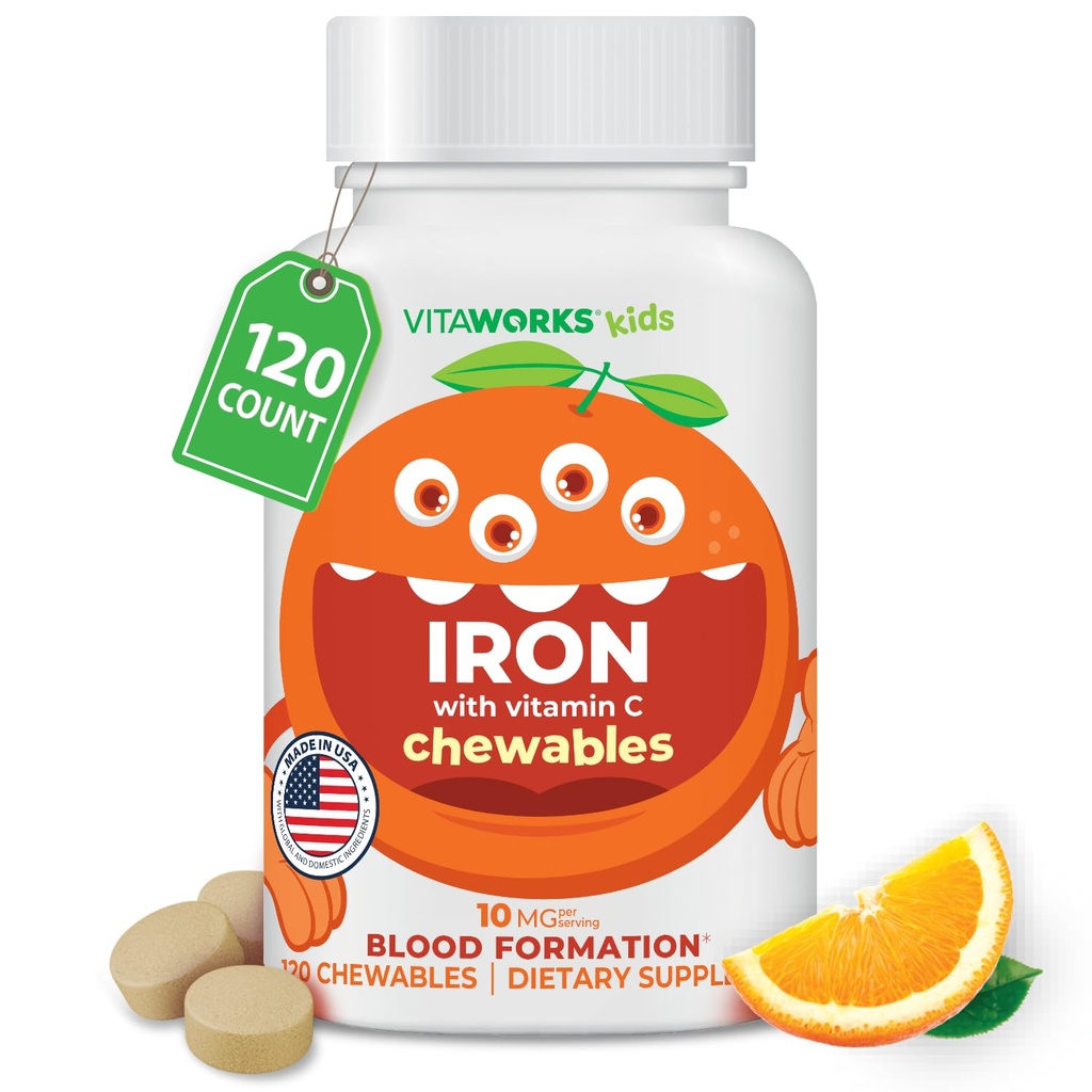 Niños de hierro 10 mg con vitamina C 50mg Tablas Chewable - Saborado natural sabroso - Vegan, Vegetariano, libre de transgénicos, nuez gratis - Suplemento dietético de hierro - Formación de sangre para niños - 120 Chewables