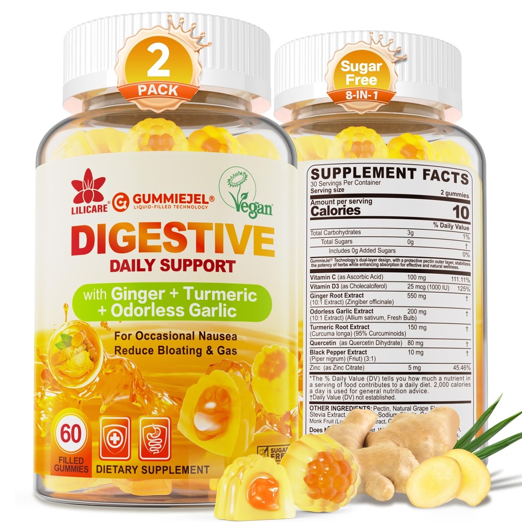 LILICARE Ginger Chews Gummies for Nausea & Digestive Support, Stomach Relief, Sugar Free with Turmeric,Odorless Garlic, Quercetin, Vitamin D3,Digestive Supplements for Occasional Bloating & Gas, 2Pack