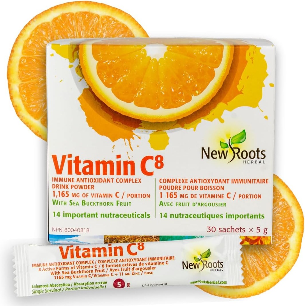 Vitamina C8 Powder Immune Support (30 Sachets) Bebida deliciosa con 8 diferentes formas de vitamina C, electrolitos, bioflavonoides " Té verde para la absorción máxima " Defensa antioxidante