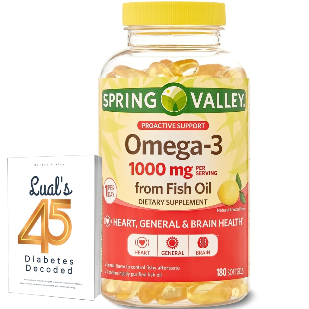 Spring Valley Omega-3 Fish Oil Soft Gels, 1000 mg, 180 Conde, Suplemento dietético, Omega-3 Fatty Acids Agrupar con Lual 45 Diabetes Decodificados