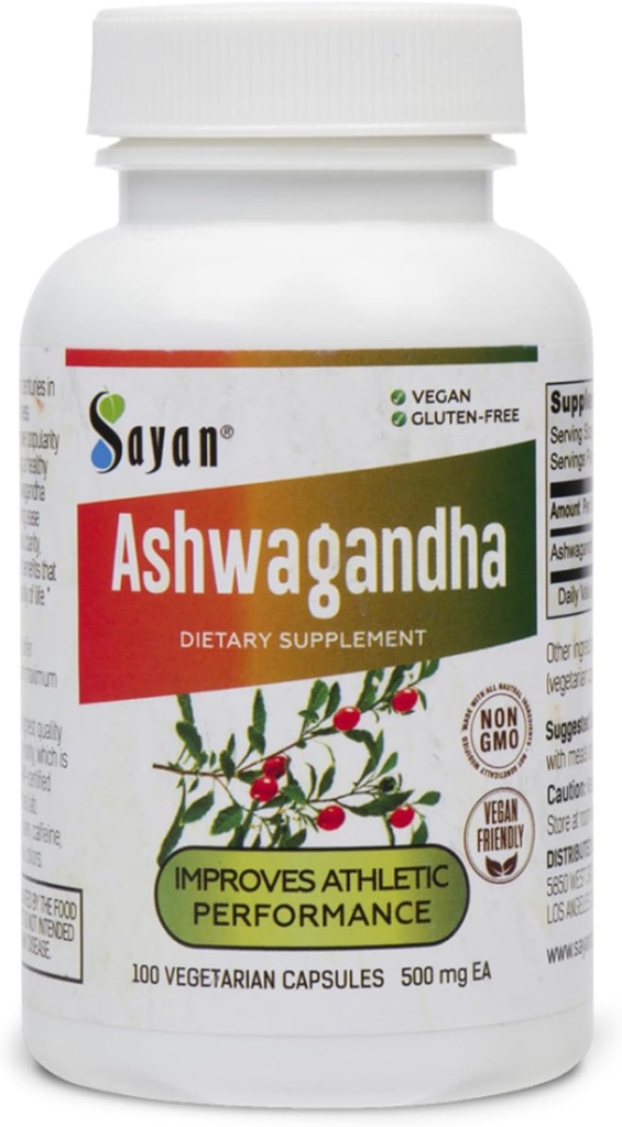 Sayan Ashwagandha 100 cápsulas/500mg ea.– Suplemento natural para apoyar su sistema inmunitario, energía de los tornillos y tensiones aliviadas – siempre pura y potencialmente – no GMO, sin rellenos o aditivos