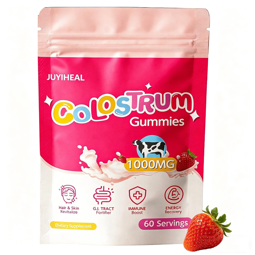 Colostrum Gummies, 1000 mg Grass Fed Colostrum Chews Colostrum Suplemento para Gut Health, Hair Growth, Beauty, and Immune Support, Strawberry Flavor 60 Servings