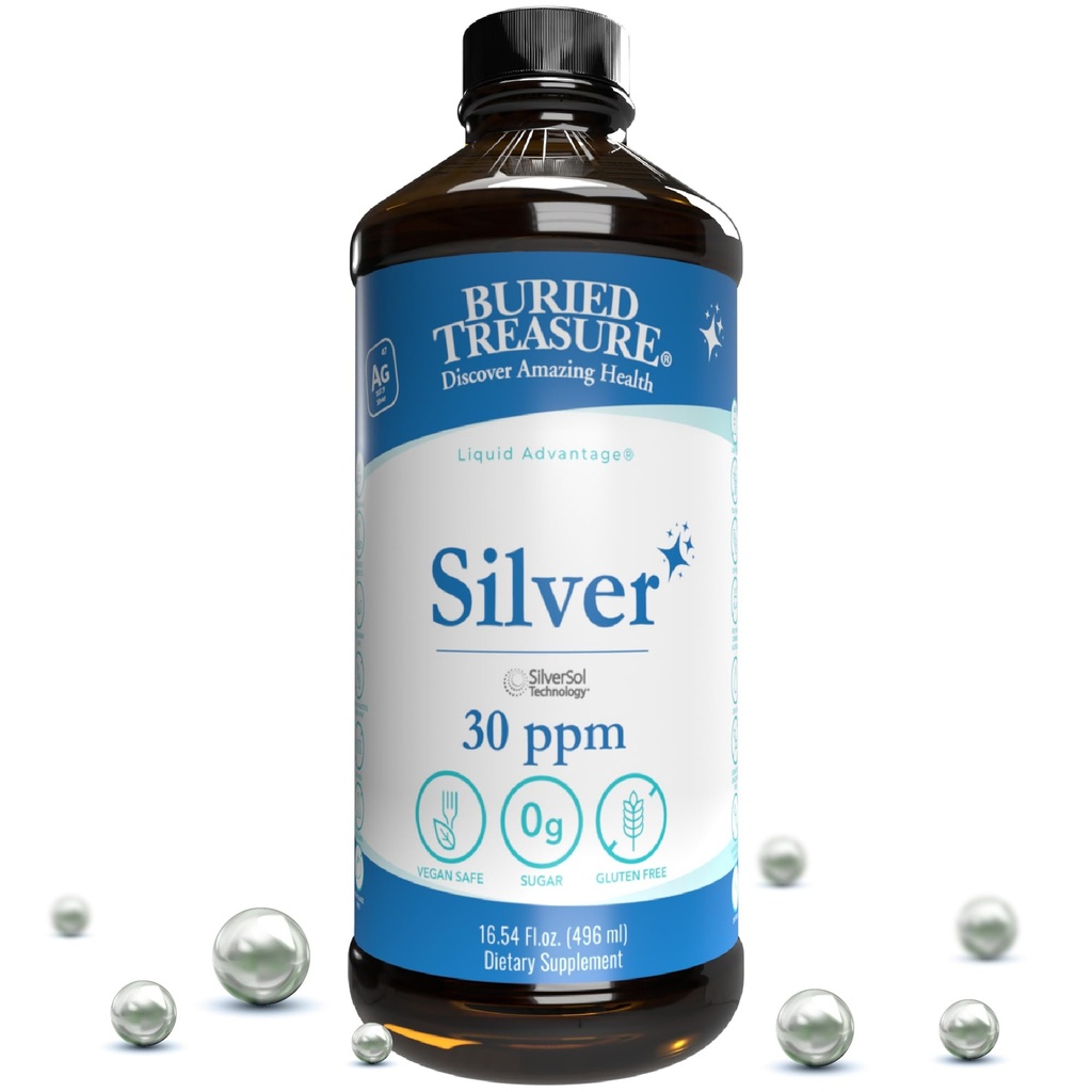 Tesoro enterrado Purificado Plata liquida 30 PPM - 16 oz. 96 Servimientos, Solución de plata de Nano no acumulativa, spray &amp; Suplemento dietético Inmune
