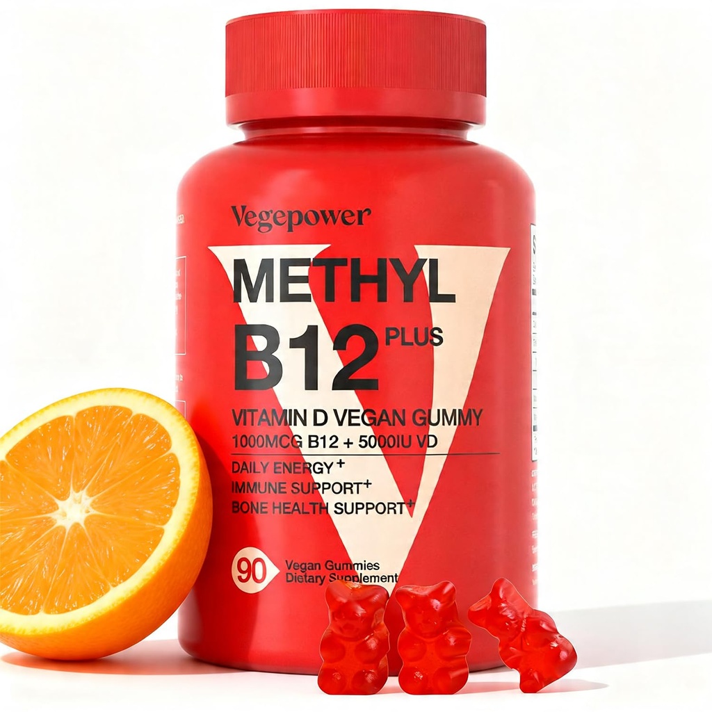 Vitamina Vegana D3 &amp; B12 Gummies, Metil B12 Suplemento para Adultos &amp; Niños, Mejorado con Vitamina D 3 para Energía Natural, Inmune, Metabolismo & Focus, Orange, 90 Gummies