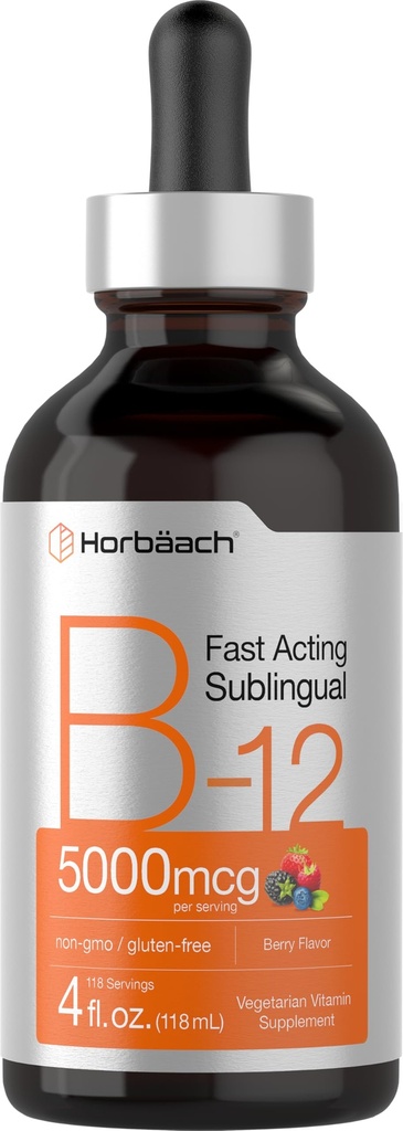 Horbaach B12 Vitamina 5000 mcg Sublingual TEN 4 Fl Oz TENIDO como Methylcobalamin y Cyanocobalamin ANTE Liquid Vegetarian Drops ANTE Berry Flavor