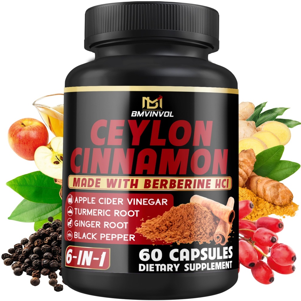 Ceylon Cinnamon Capsules con Berberine HCl, Apple Cider Vinegar, Turmeric, Ginseng, Black Pepper - 6in1 para la función de soporte de la inmune - 60 Con