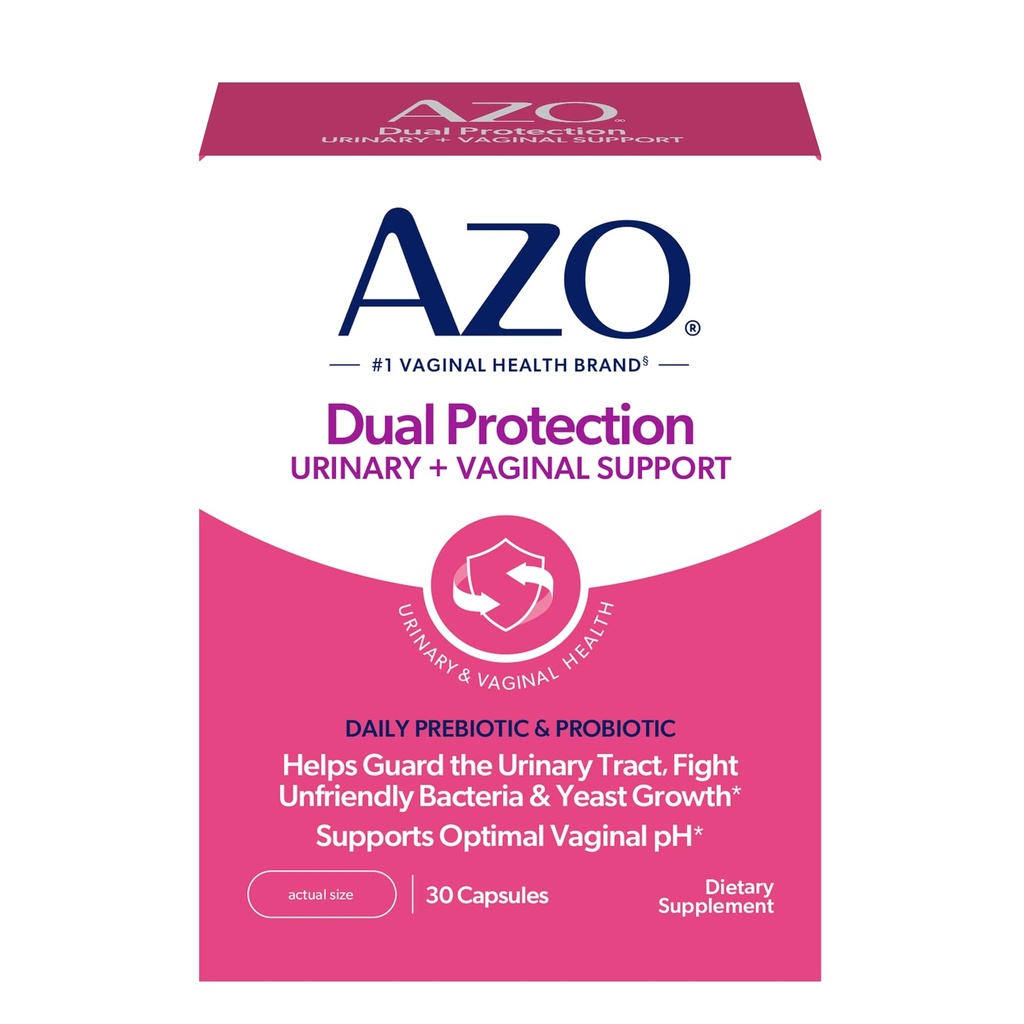 AZO Dual Protection, Urinary + Vaginal Support, Prebióticos y Probióticos para Mujeres*, comienza a trabajar dentro de 24 horas, Non-GMO, 30 Conde