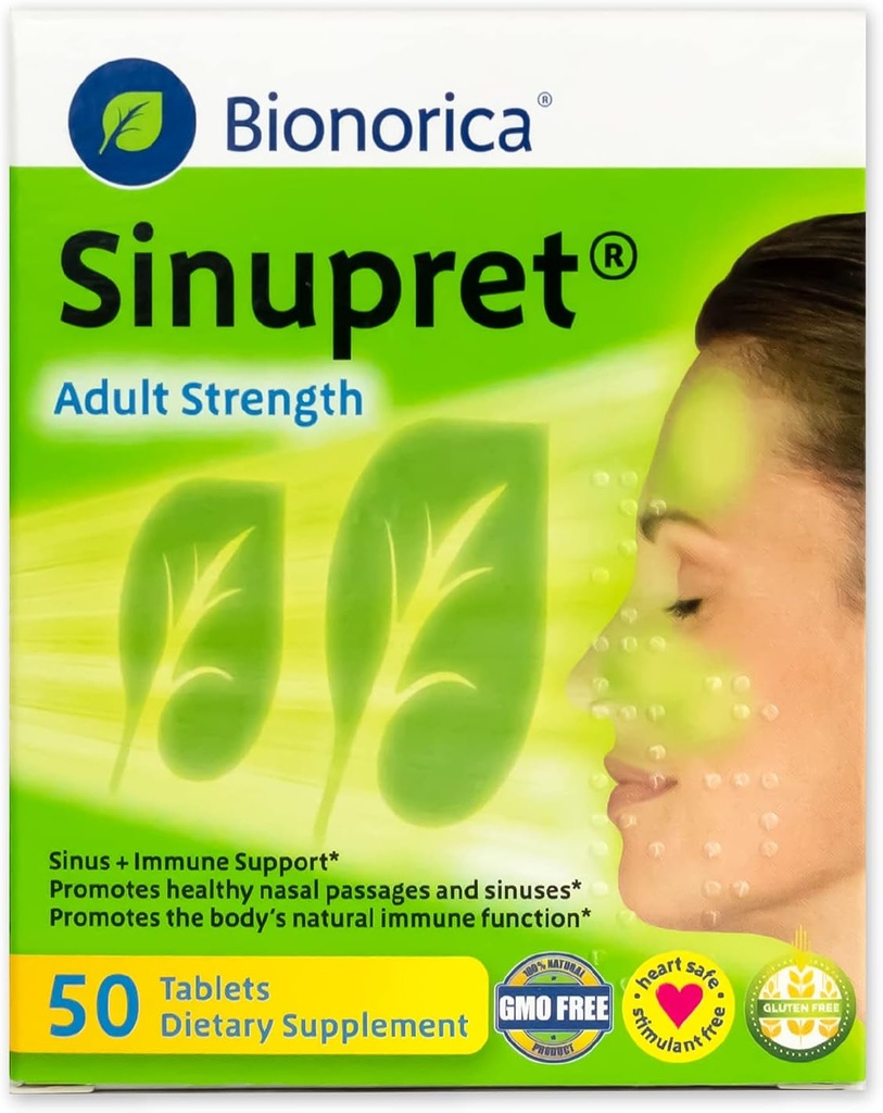 Sinupret Adult Strength Sinus + Immune Support All Natural, Fast Acting Herbal Nasal Passage &amp; Immunity Boost Supplement with Verbena & Elder Flower - 50 Tablets (Pack of 2)