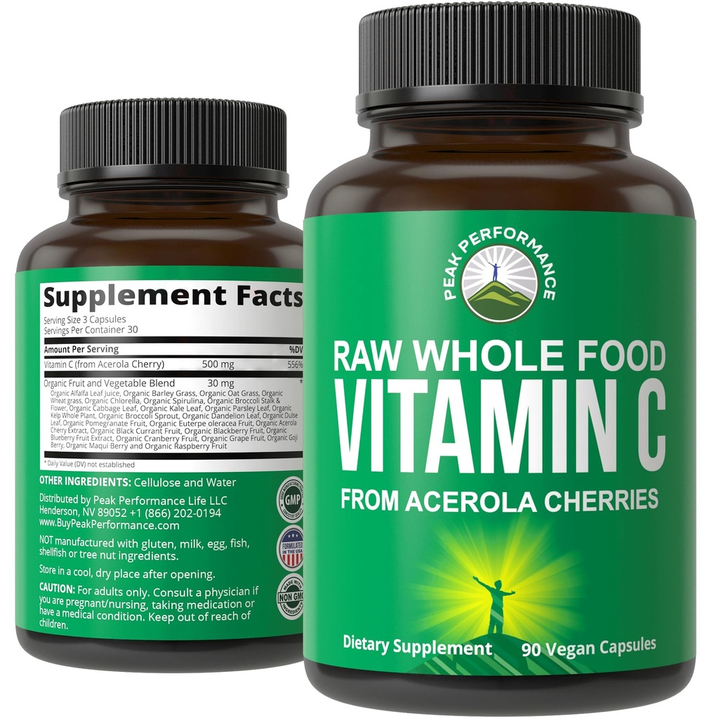 Rendimiento de pico Raw Whole Food Natural Vitamina C Capsules de Acerola Cherry para Max Absorption. Vegan EE.UU. Fuente vitamina C Suplemento 90 píldoras. 500 mg Servir o 2 Servir 1000 mg