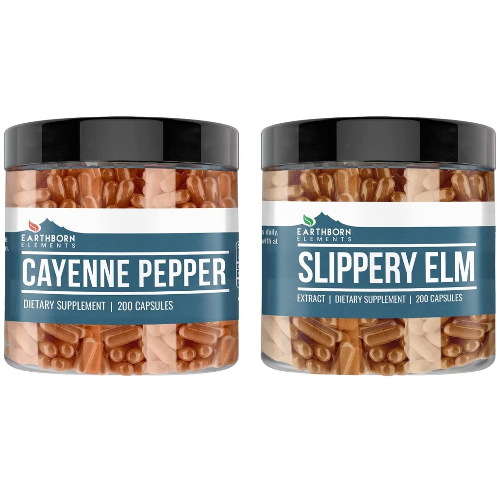 Elementos terrestres Cayenne Pepper & Slippery Elm Bundle (200 capsules cada uno) Puro " Undiluted, No Additives