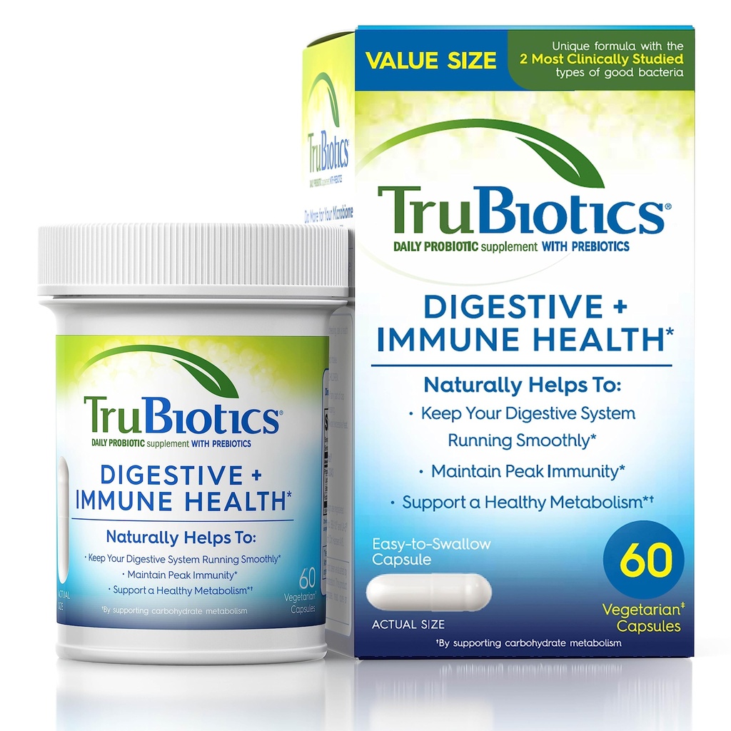 TruBiotics Probiotics for Digestive & Immune Health, Supports Regularity & Helps Relieve Abdominal Discomfort, Gas & Bloating, 2 Clinically Studied Probiotic Strains, Plus Prebióticos, 60 cápsulas
