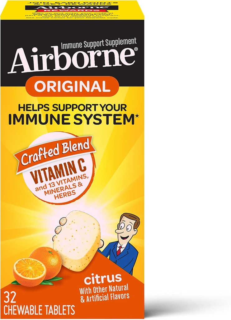 Vitamina C 1000mg (por servicio) Citrus Tablas Chewable (32 Cuenta en una caja), Suplemento de apoyo sin gluten, con vitaminas A C E, ZINC, Selenium, Echinacea &amp; Ginger, Antioxidantes