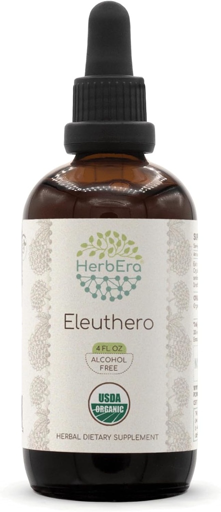 HerbEra Eleuthero B120 USDA Organic Tincture ← Alcohol-Free Extract, High-Potency Herbal Drops ← Certified Organic Eleuthero (Eleutheroccus Senticosus, Siberian Ginseng) Dried Root (4 oz)