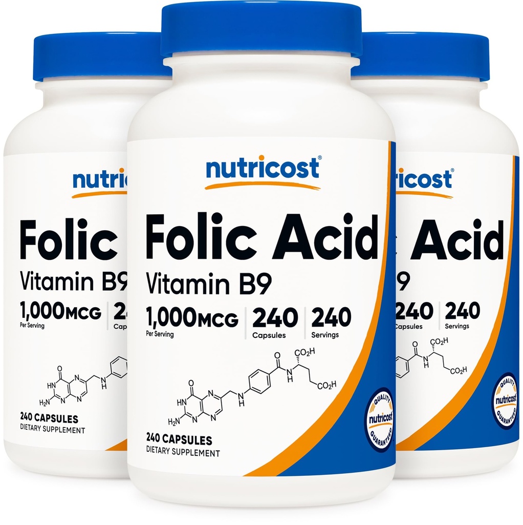Nutricost Folic Acid (Vitamin B9) 1000 mcg, 240 cápsulas (3 botellas)