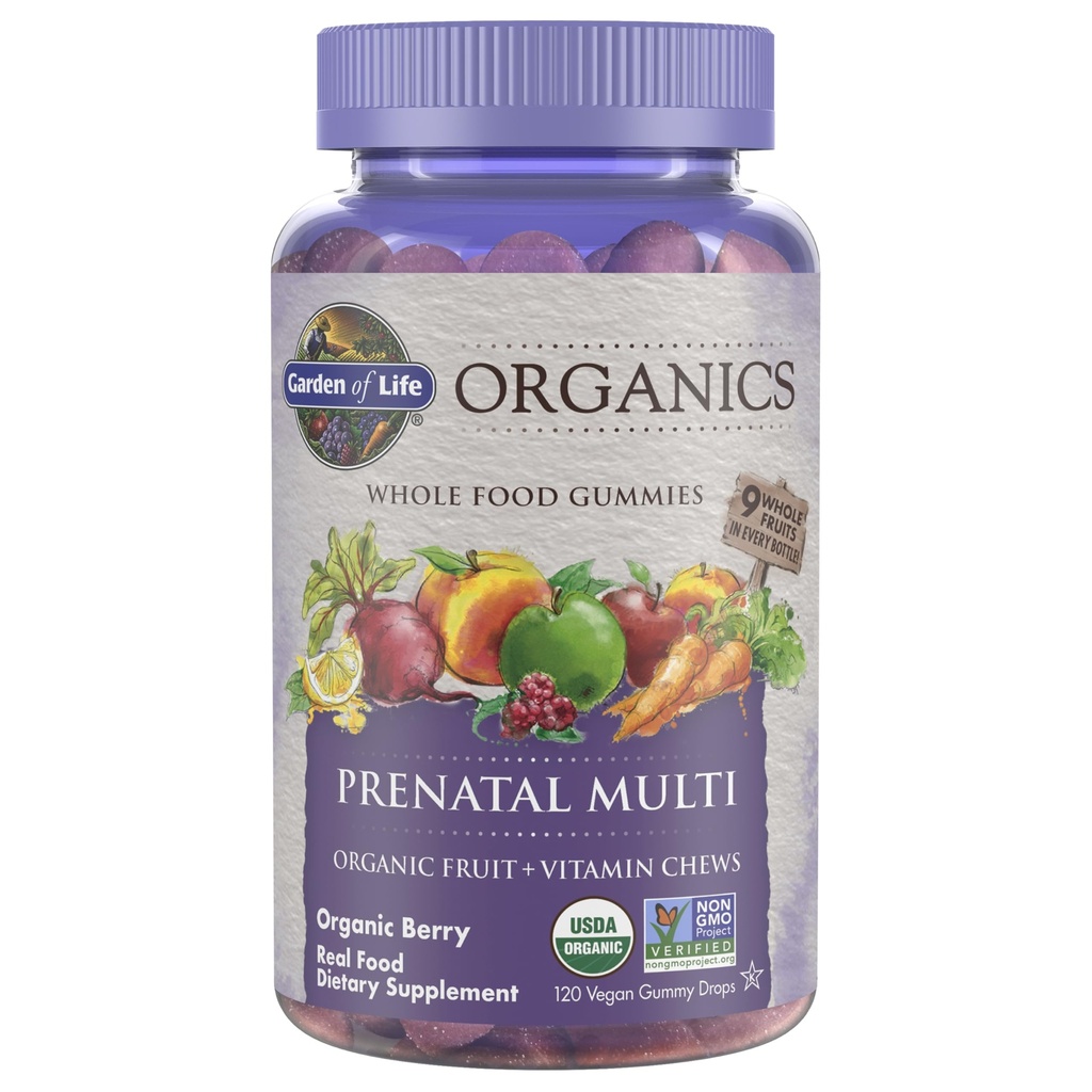 Jardín de Vida Orgánicas Gummies prenatales Multivitamínicos con Vitamina D3, B6, B12, C &amp; Folate for Healthy Fetal Development – Organic, Non-GMO, Gluten-Free, Vegan, Berry Flavor, 30 Day Supply