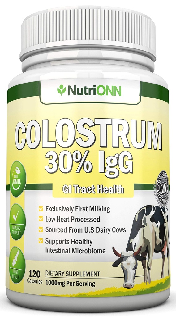 Colostrum - 1000mg - 120 cápsulas - 30% IgG - No GMO Lácteos de EE.UU. - Primero Colostrum de Bovino de Leche - Baja Calor Procesado - Grande para GI Salud Tract - Soporte Inmunitario - Bonificación y salud muscular