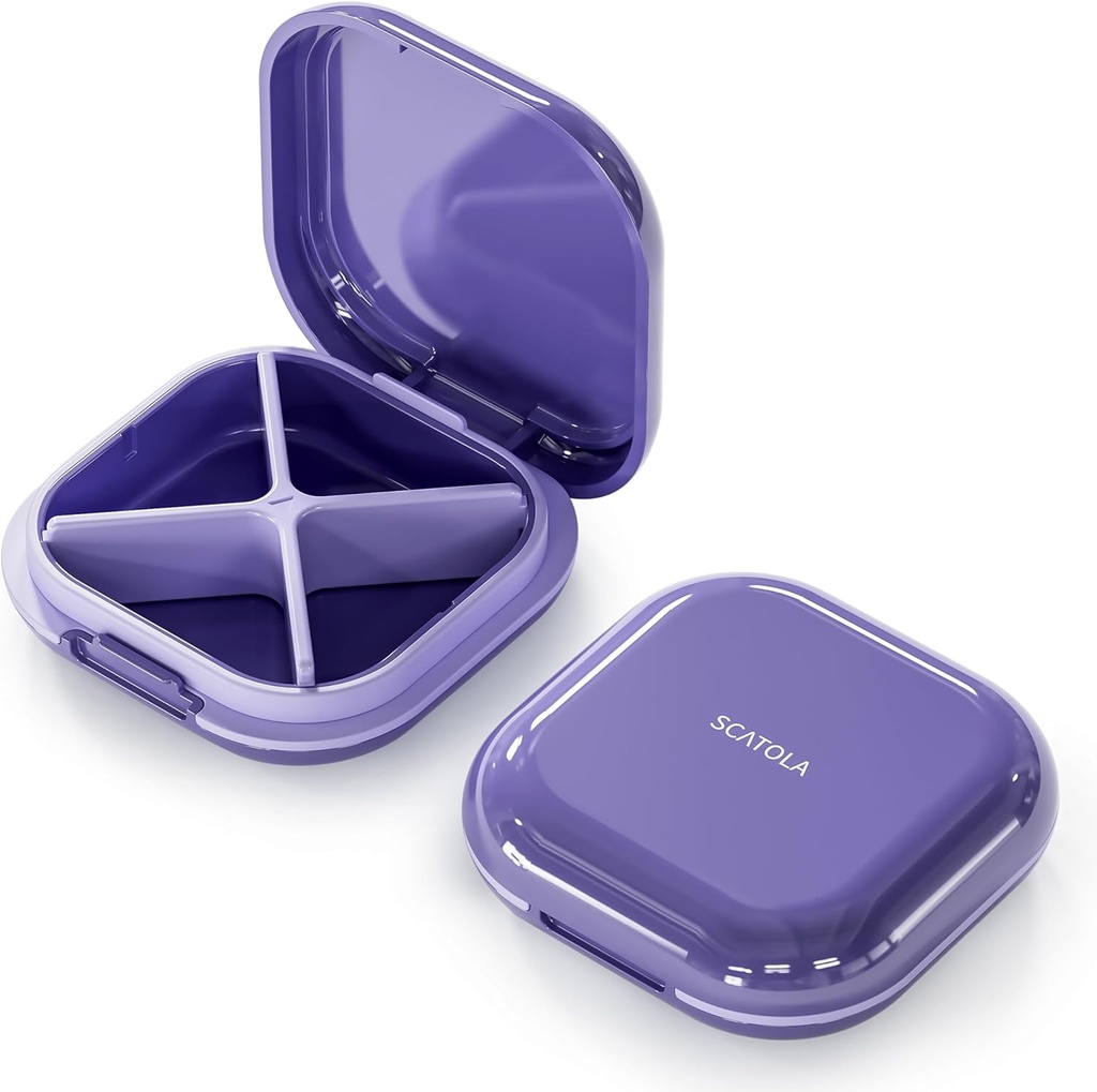 Caja pequeña de pill, Caja de Píldora de Viajes, Organizador de Píldoras portátiles, Contenedor de Píldora para Pócket 4 Compartimientos, Contenedor de Medicina de Viajes Compactos Diarios para Medicación de Vitaminas (Purple)