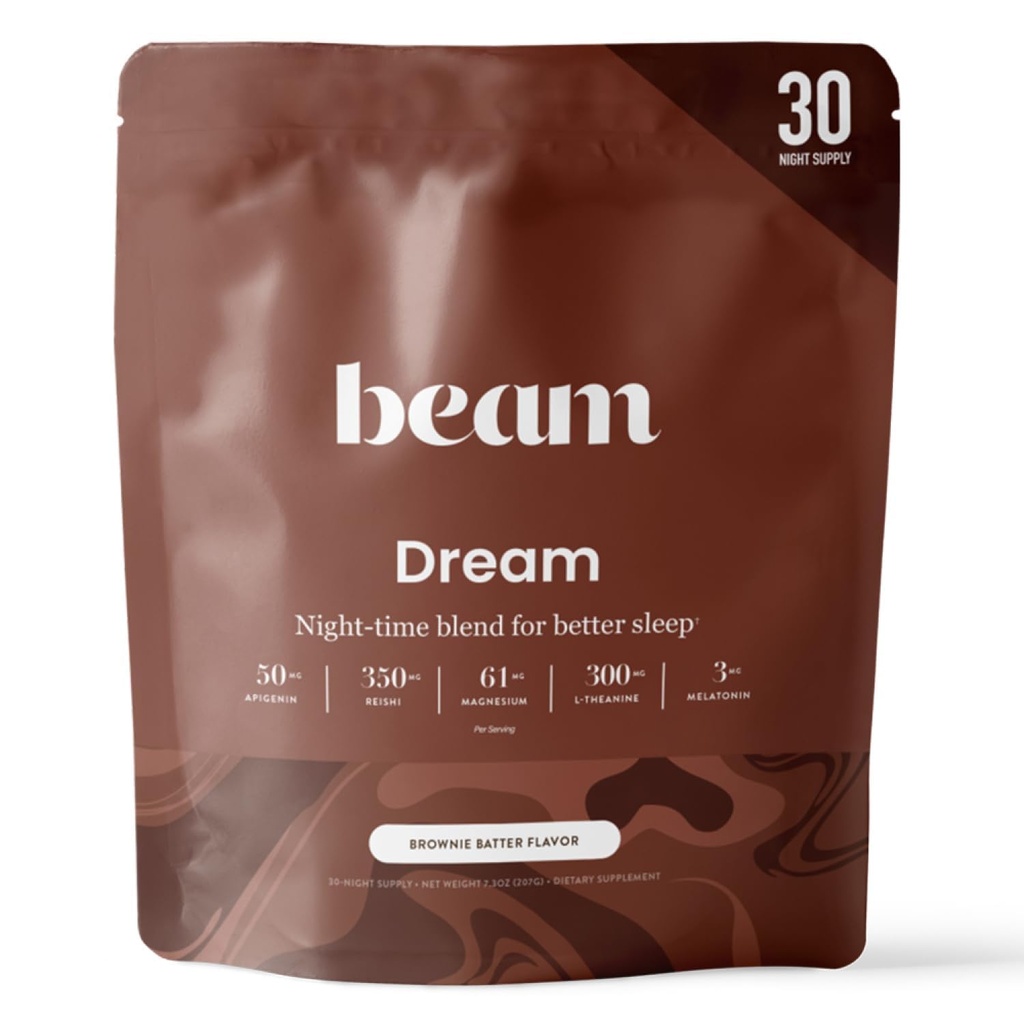 Beam Dream Sleep Powder – Sleep Aid for Adults with Melatonin, Magnesium, L-Theanine, Reishi Mushroom &amp; Apigenin Sleep Supplement, Sleepy Cocoa Bedtime Drink Mix, Brownie Batter Flavor, 30 Servings