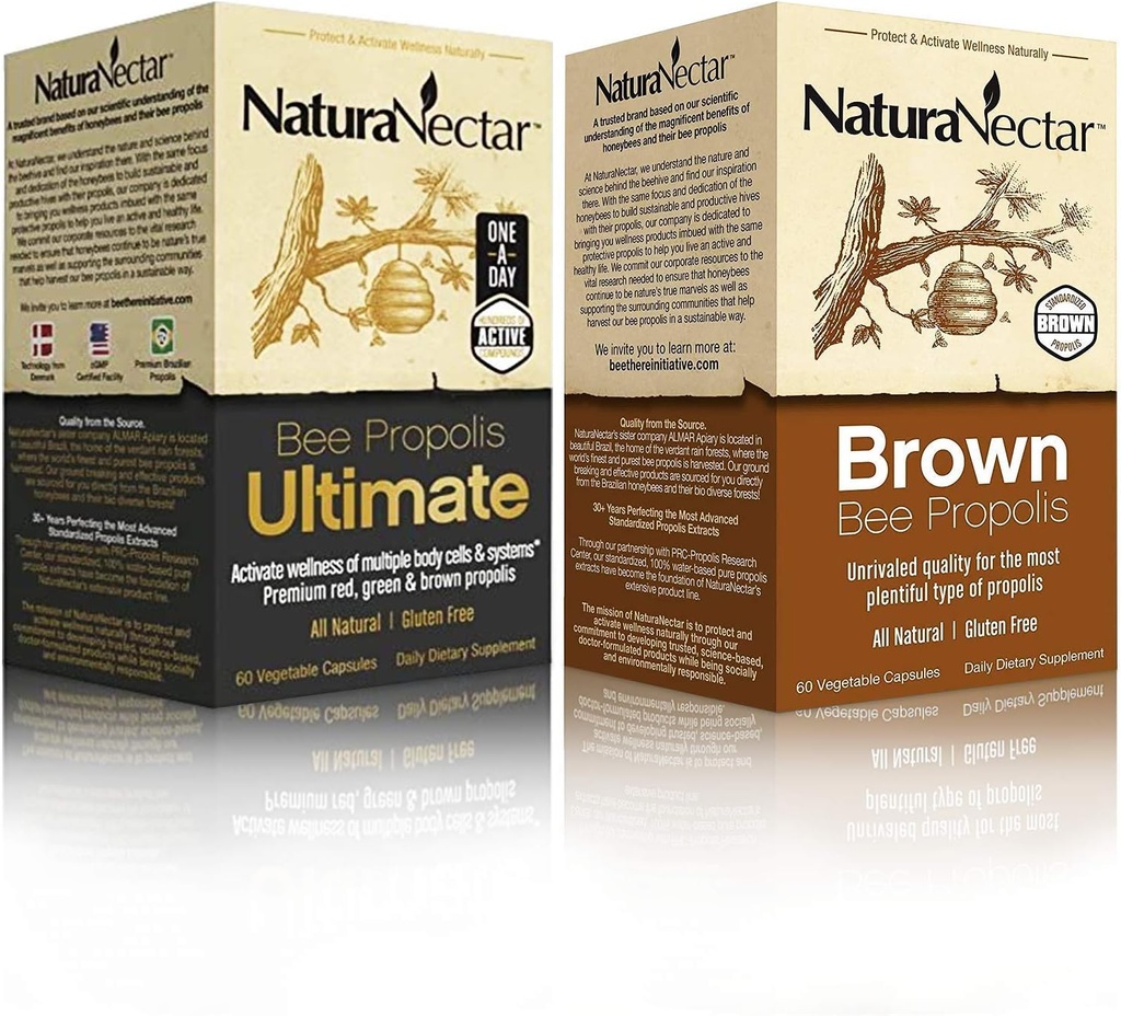 NaturaNectar Natural Bee Propolis Bundle – Bee Propolis Ultimate y Brown Bee Propolis - para Immune, Cardiovascular y Respiratory Systems Support - 60 cápsulas por botella