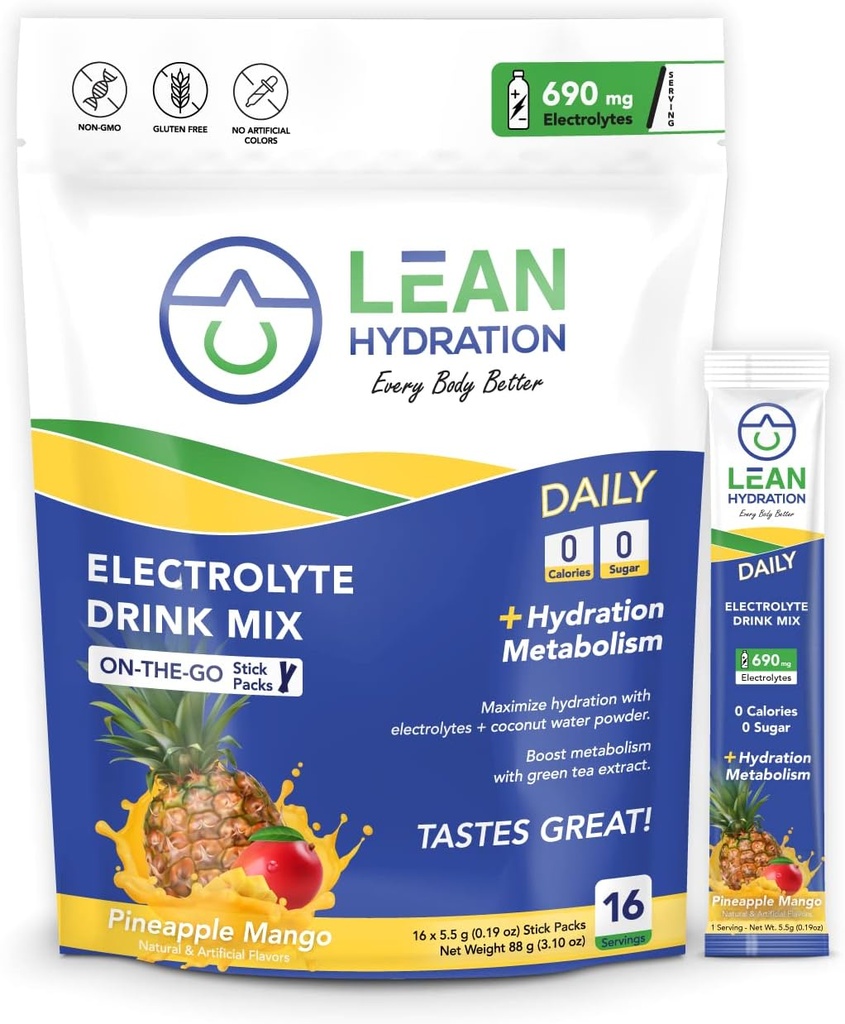 Hidratación magra diaria Empaquetaduras de electrolito Bebida Mix Silencioso Cero Calories, Cero Azúcar más Vitaminas, Minerales &amp; Más Silencio 16 ct (Pineapple Mango)