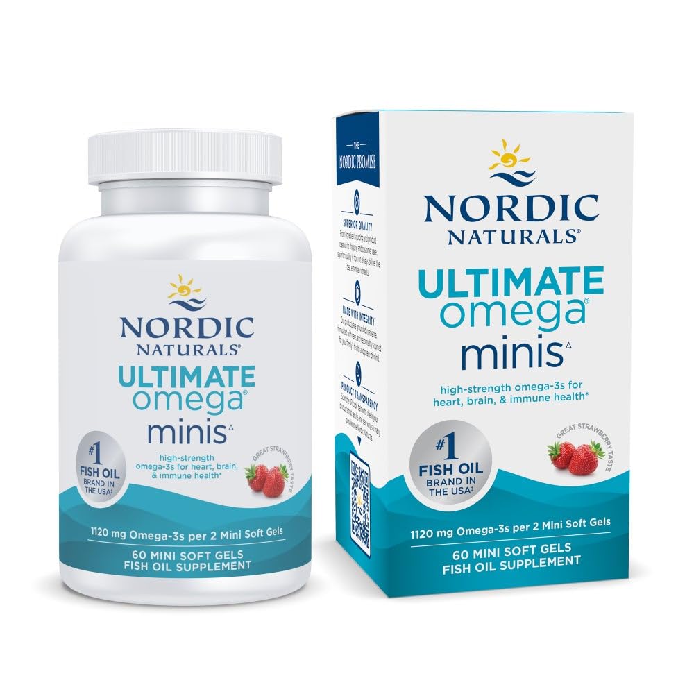 Naturales nórdicos Ultimate Omega Minis, sabor a fresa - 60 Minis Gels suaves - 1120 mg Omega-3 - Suplemento de aceite de pescado de alta potencia - EPA & DHA - promueve la salud del cerebro y el corazón - 30 Servimientos