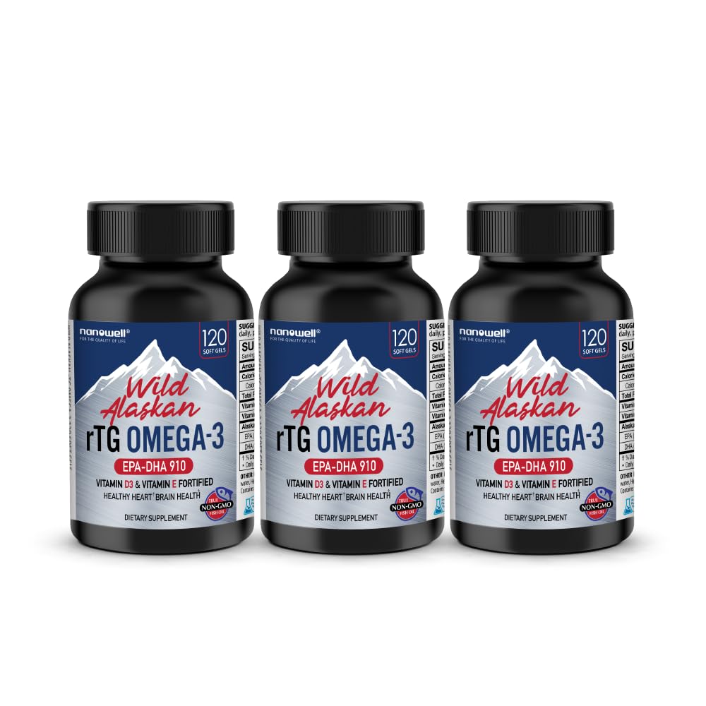 NANOWELL Wild Alaskan rTG Omega-3 Fish Oil 1196mg - EPA, DHA, Vitamina D3 &amp; E - 120 Softgels x 3 Botellas (360 Conde)