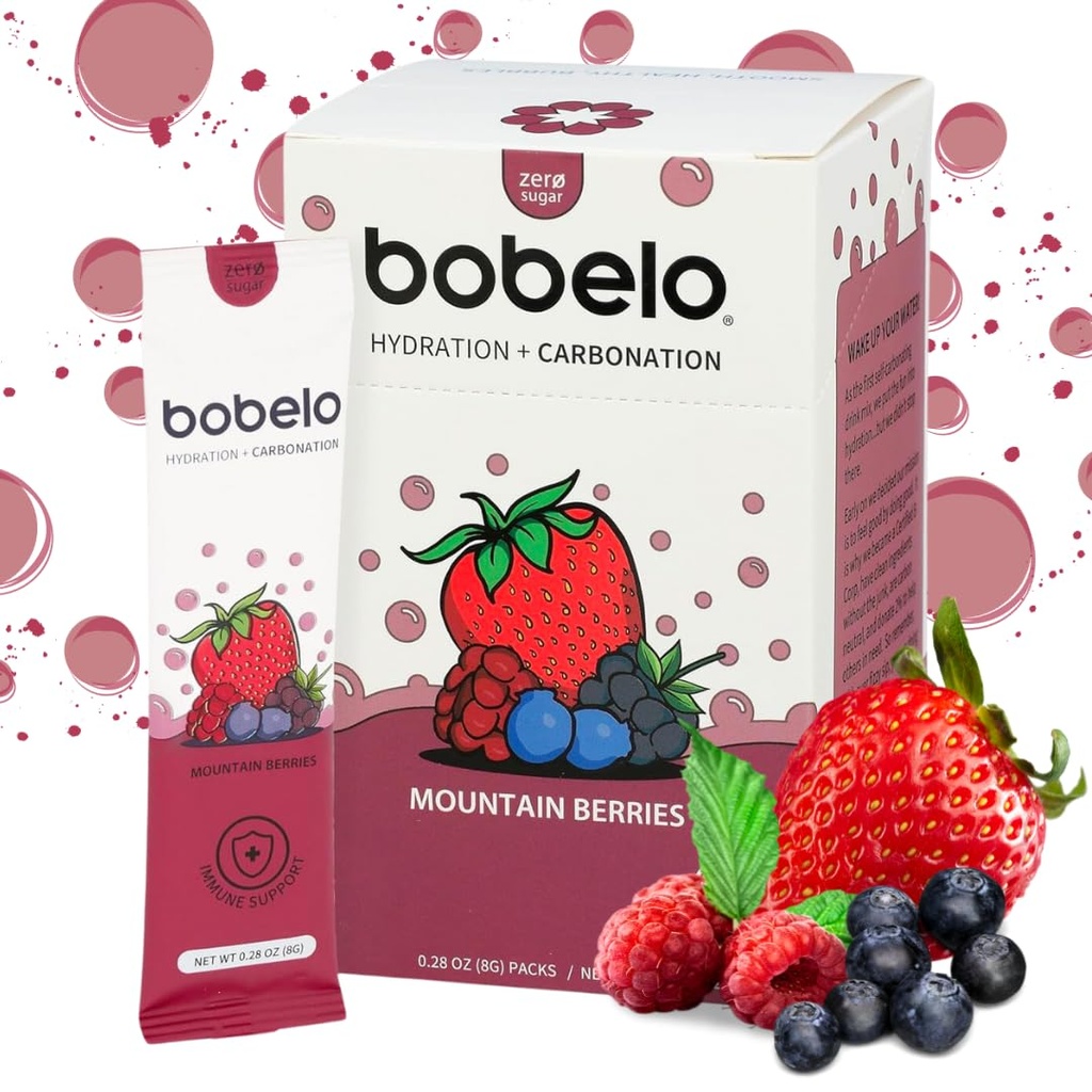 Bobelo Self Carbonating Hydration Packets  Low Calorie Drink Mix, Electrolytes Powder Packets ← Keto Friendly, Sugar Free Water Enhancer ← Soda " Sparkling Water Alternative ← Mountain Berries(30ct)